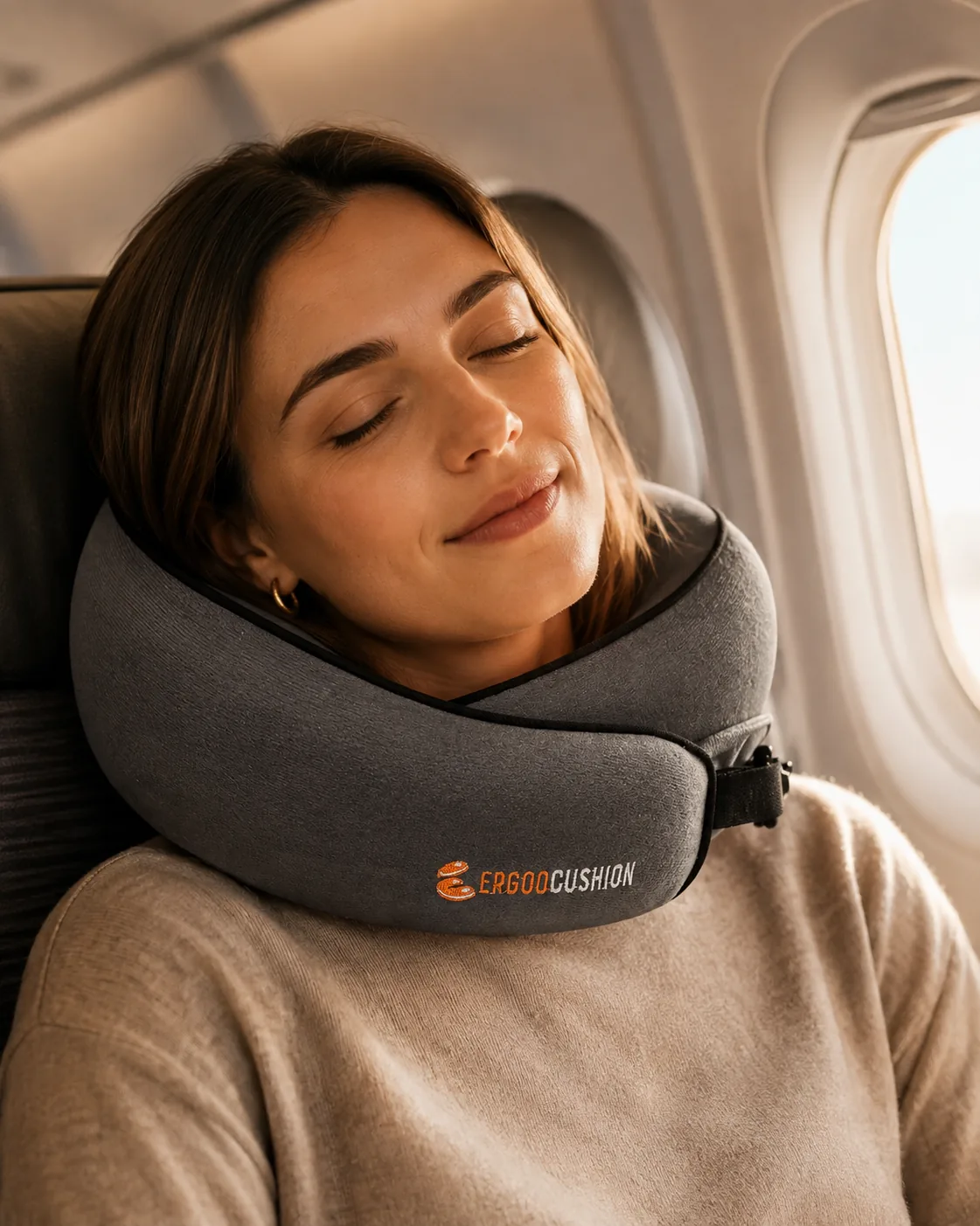 ERGOOCUSHION travel neck pillow in flight — authentic brand lifestyle photograph