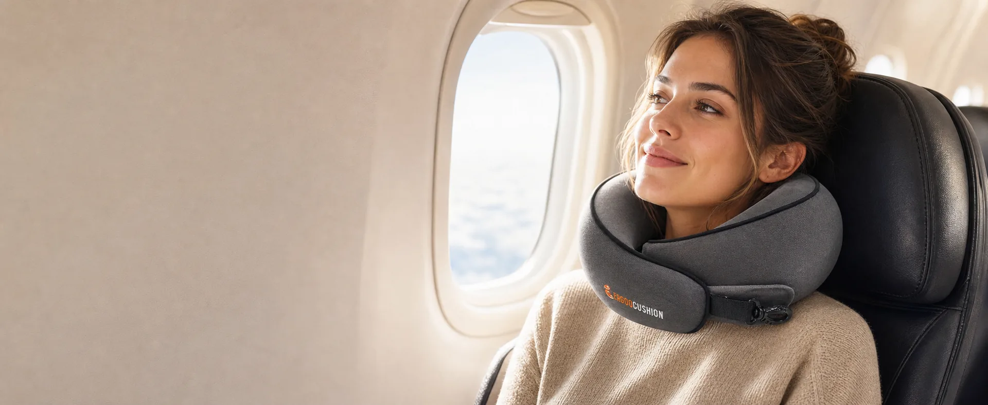 Neck pillow being worn in an aircraft cabin
