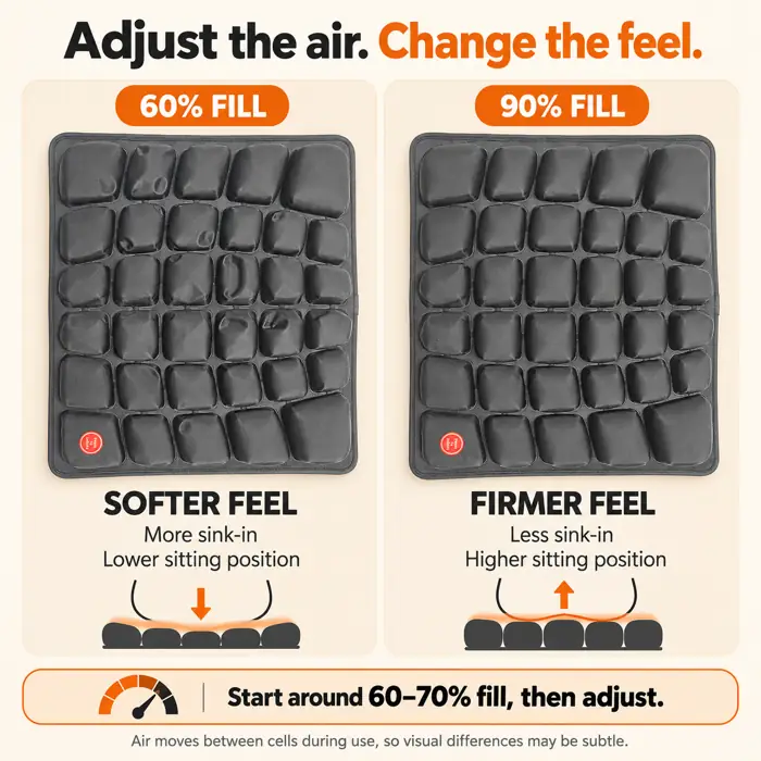 Inflatable seat cushion adjustable air firmness