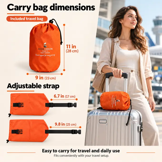 Orange carry pouch for portable cushion