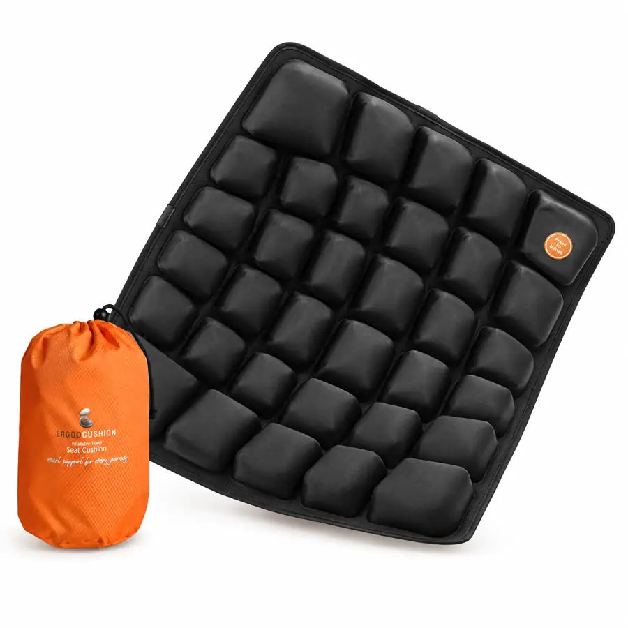 Authentic ERGOOCUSHION black inflatable seat cushion with orange travel pouch
